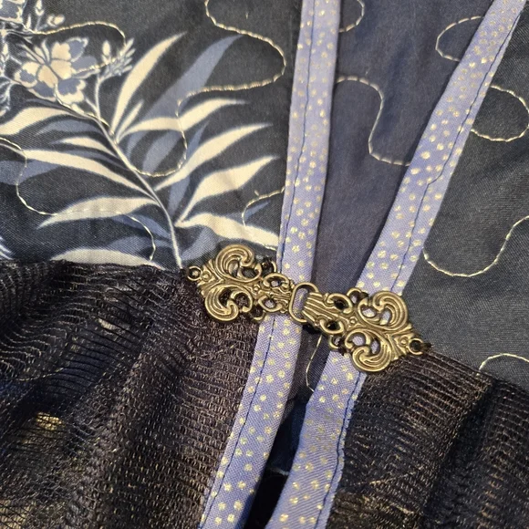 Upcycled Navy Blue Floral Quilted Jacket L-XL Vtg Lace Peplum Dont Throw It Out - Picture 5 of 6